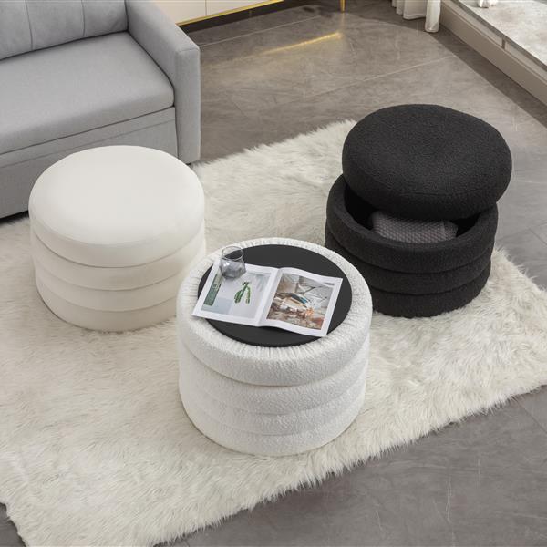 007-Velvet Fabric Storage Round Ottoman Footstool With Wooden Shelving,Light Gray