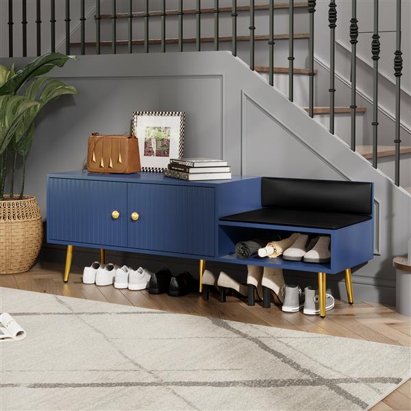 Modern Shoe Storage Bench with Hidden Storage and Upholstered Cushions for Bedside, Living Room and Entryway (Navy)