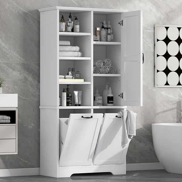 Bathroom Storage Cabinet with Doors and Drawers, Tilt-Out Laundry Hamper, Multiple Storage Space, Freestanding Style, Open Shelve, Adjustable Shelf, White