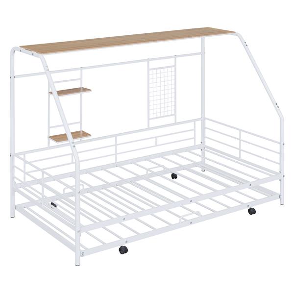 Twin Size Metal House Bed with Trundle, White