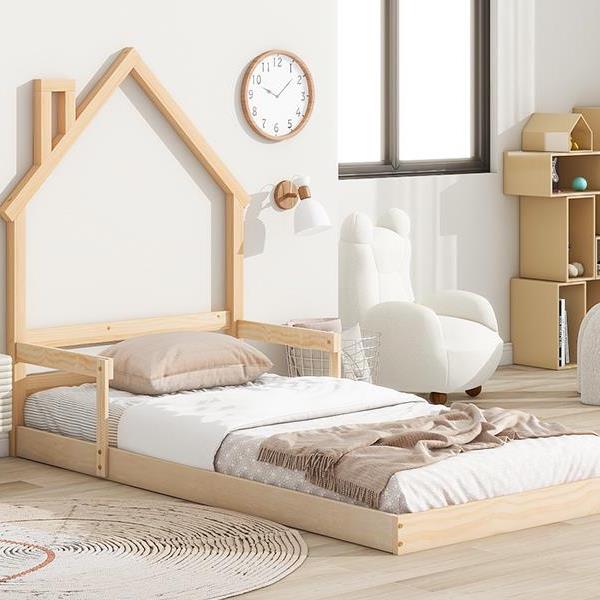 Twin House-Shaped Headboard Floor Bed with Handrails ,slats ,Natural