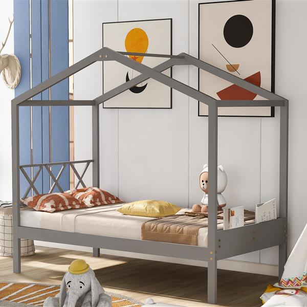 Twin Size Wood House Bed with Storage Space, Gray