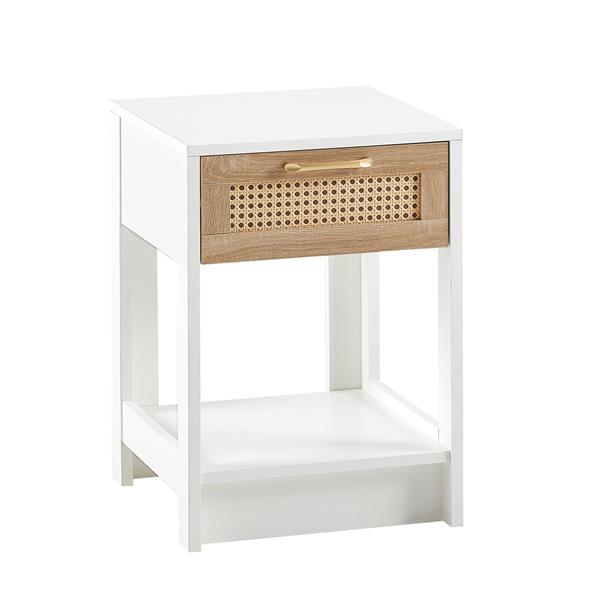 15.75" Rattan End table with  drawer, Modern nightstand, side table for living room, bedroom,white