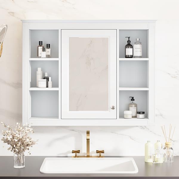 35'' x 27.5'' Medicine Cabinet, Wall Mounted Bathroom Storage Cabinet, Modern Bathroom Wall Cabinet with Mirror, Mirror Cabinet with 6 Open Shelves (Not Include Bathroom Vanity )