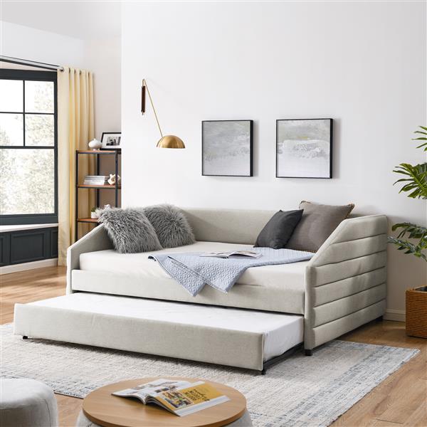 Full Size Daybed with Trundle Upholstered Tufted Sofa Bed, Linen Fabric, Beige (82.5"x58"x34")