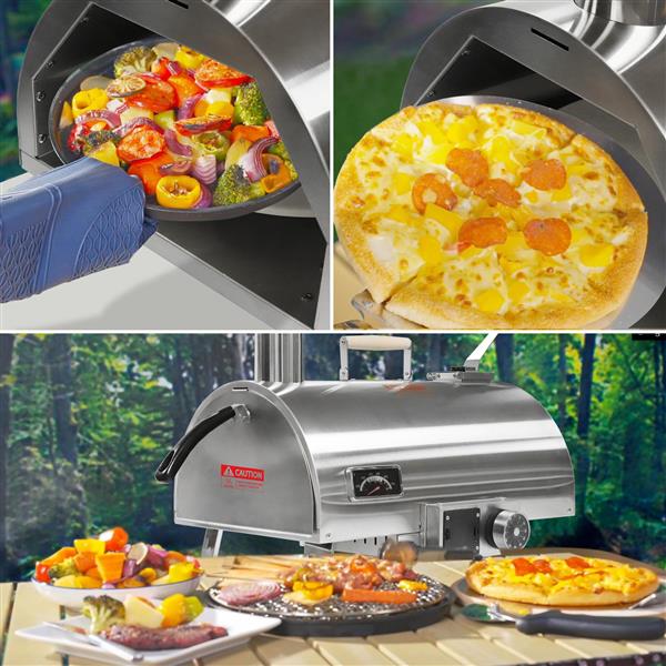 Pizza Oven Outdoor 12" Automatic Rotatable Pizza Ovens Portable Stainless Steel Wood Fired Pizza Oven Pizza Maker with Built-in Thermometer Pizza Cutter Carry Bag