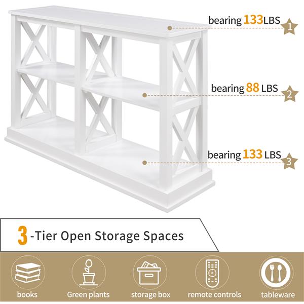 Console Table with 3-Tier Open Storage Spaces and "X" Legs, Narrow Sofa Entry Table for Living Room (White)