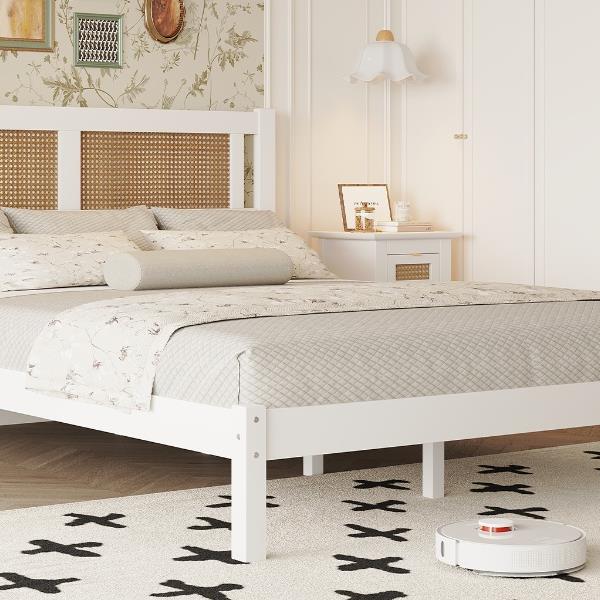 Queen Size Wood Platform Bed with Natural Rattan Headboard,Exquisite Elegance with Minimalist Charm for Bedroom,White