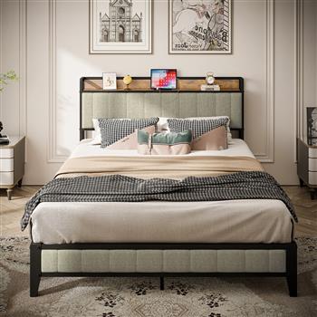 Full Size Bed Frame with Charging Station, Upholstered Headboard, Metal Platform, Grey