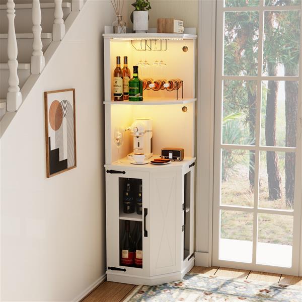 67.7" Corner Bar Cabinet with Power Outlet, Farmhouse Wine Bar Cabinet with Adjustable Shelves for Home,with Lights & Glass Rack for Dining Room, Living Room, Kitchen