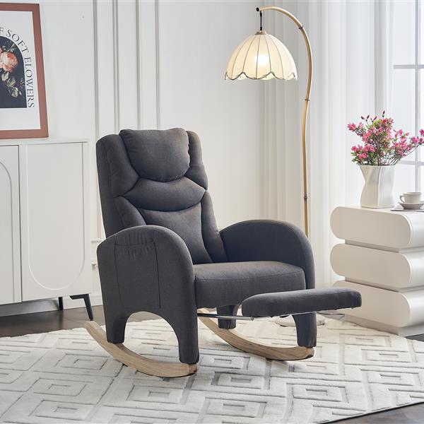 052-Cotton Linen Fabric Nursery Rocking Chair With Adjustable Footrest,Dark Gray