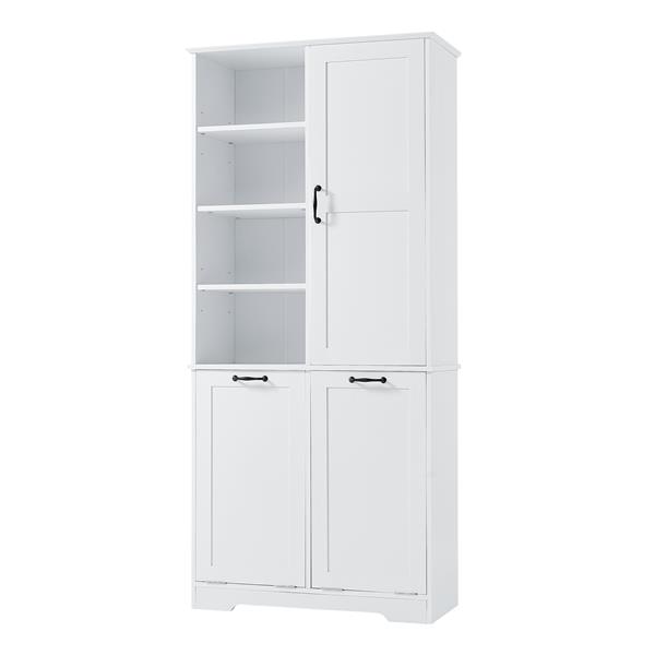 Bathroom Storage Cabinet with Doors and Drawers, Tilt-Out Laundry Hamper, Multiple Storage Space, Freestanding Style, Open Shelve, Adjustable Shelf, White