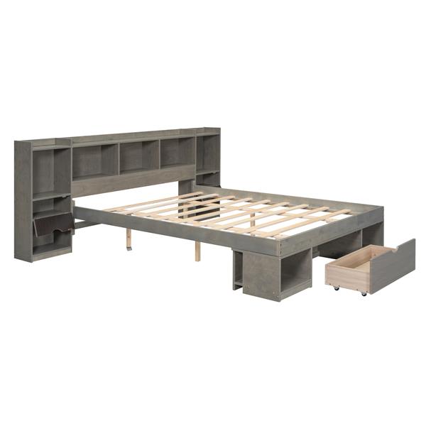 Queen Size Wood Platform Bed with Multi-storage Headboard and a Drawer, Gray