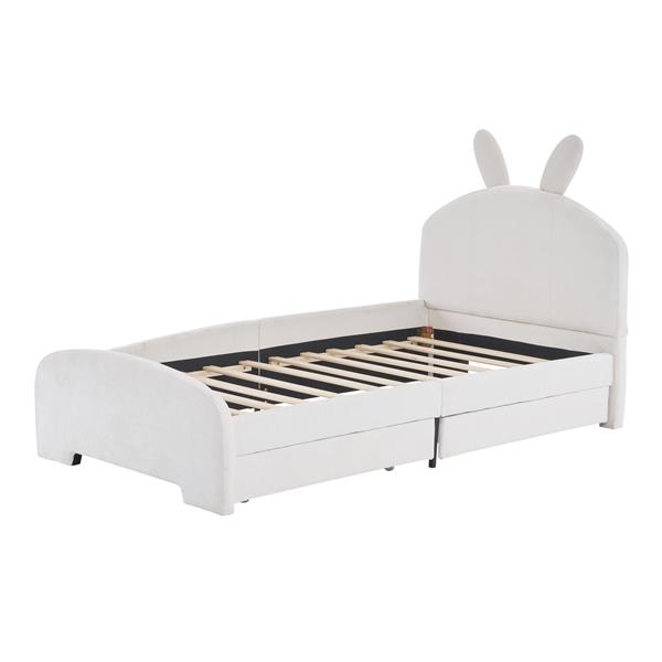 Twin Size Upholstered Platform Bed with Cartoon Ears Shaped Headboard and 2 Drawers, White