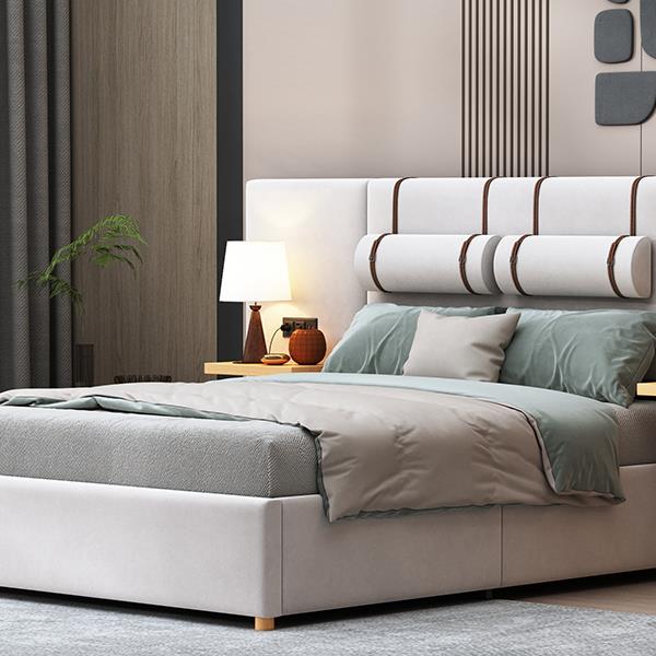 Full Size Upholstered Platform Bed, Two Outlets and USB Charging Ports on Both Sides, Two Bedside Pillows, Storage Shelves, Beige