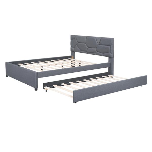 Queen Size Upholstered Platform Bed with Brick Pattern Headboard and Twin XL Size Trundle, Linen Fabric, Gray