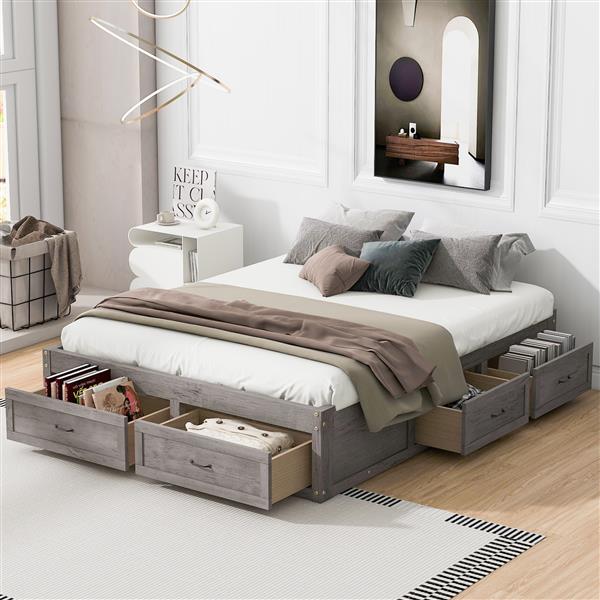 Queen Size Platform Bed with 6 Storage Drawers,Antique Gray