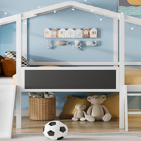 Twin Size Loft Bed with Ladder and Slide, House Bed with Blackboard and Light Strip on the Roof, White