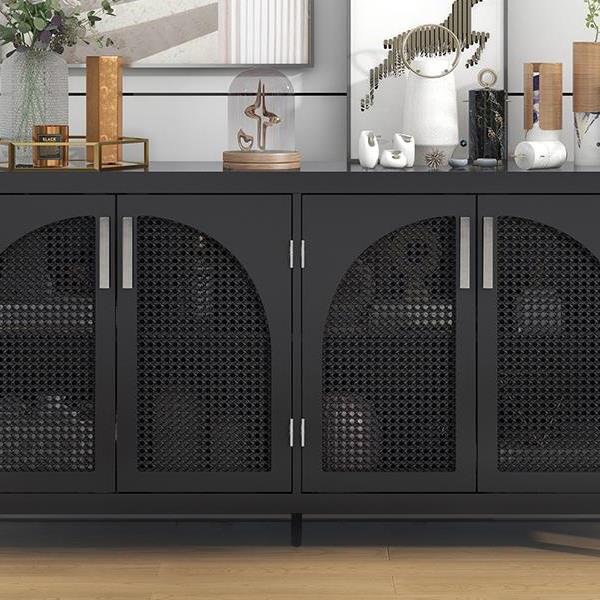 Large Storage Space Sideboard with Artificial Rattan Door and Metal Handles for Living Room and Entryway (Black)