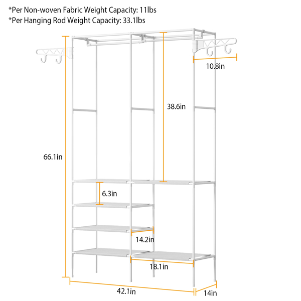 66.1x42.1x14.2in Perfect 4 layers of shelves Closet Organizing rack，weight capacity of the hanging rod and the fabric rack reaches up to 33lbs and 11lbs separately.（no shipments on weekends）