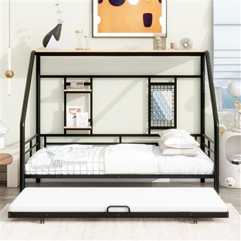 Full Size Metal House Bed with Trundle, Black