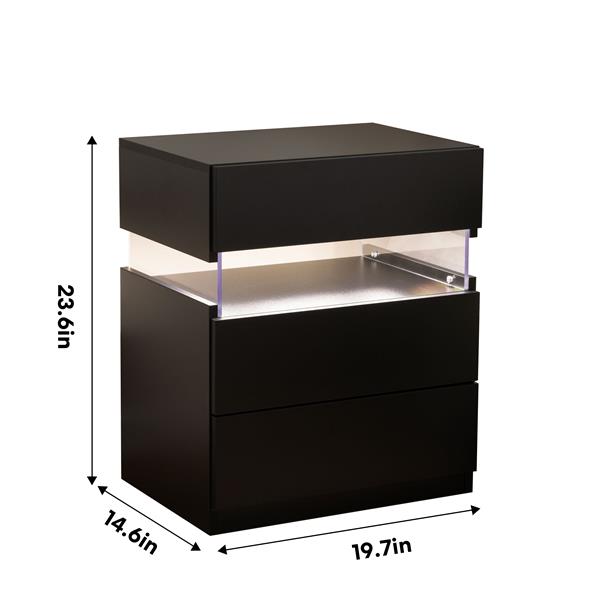 LED Nightstands 3 Drawer Dresser for Bedroom End Table with Acrylic Board LED Bedside Tables for Bedroom Living Room Bedside Furniture (Black)