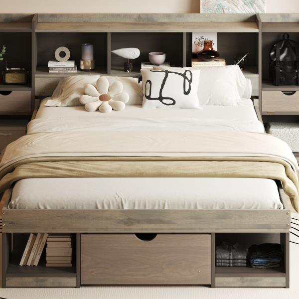 Queen Size Wood Platform Bed with Multi-storage Headboard and a Drawer, Gray