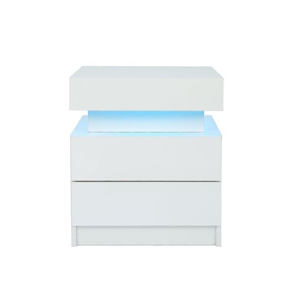 LED Nightstand Modern White Nightstand with Led Lights Wood Led Bedside Table Nightstand with 2 High Gloss Drawers for Bedroom