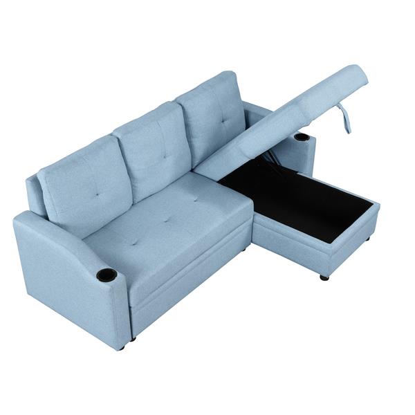 80.3". Pull Out Sofa Bed Modern Padded Upholstered Sofa Bed , Linen Fabric 3 Seater Couch with Storage Chaise and Cup Holder , Small Couch for Small Spaces