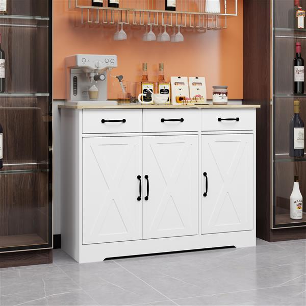 Farmhouse Buffet Cabinet Storage Sideboard with 3 Drawers and 3 Doors for Dining Living Room Kitchen Cupboard-White