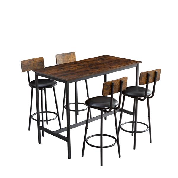 Bar industrial style five-piece set, four soft bags with backrest bar chairs, industrial style iron wood table set, suitable for kitchen, restaurant, bar.