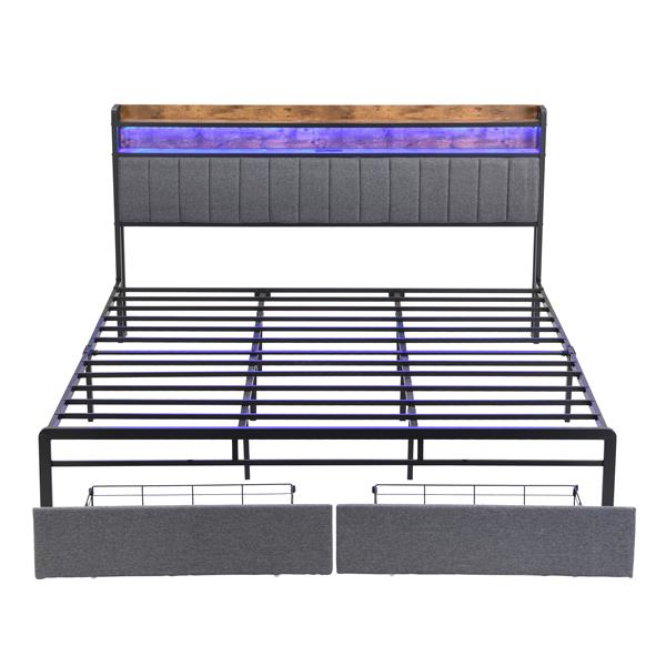 King Bed Frames with Storage Headboard and Drawers, LED Platform Bed Frame King Size, LED Upholstered Bed Frame with Charging Station, No Box Spring Needed, Easy Assembly, Grey