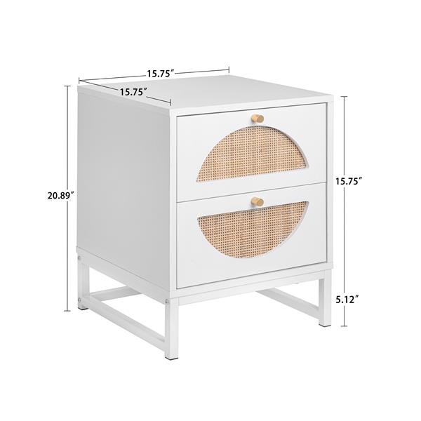 2 Drawer Nightstand Set of 2, White, Natural Rattan, Display Rack for Bedroom and Living Room