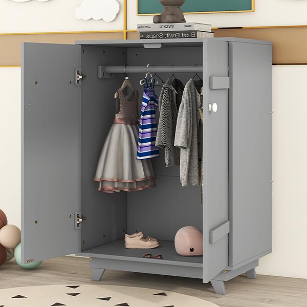 Wooden Wardrobe Cabinet with Hanging Rod, Storage Armoires with Doors,Gray