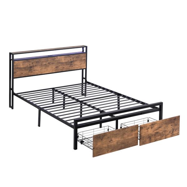 Full Size Bed Frame with Storage Headboard and 2 Drawers, LED Lights Bed with Charging Station, Metal Platform Bed No Noise, Mattress Foundation Strong Metal Slats Support No Box Spring Needed