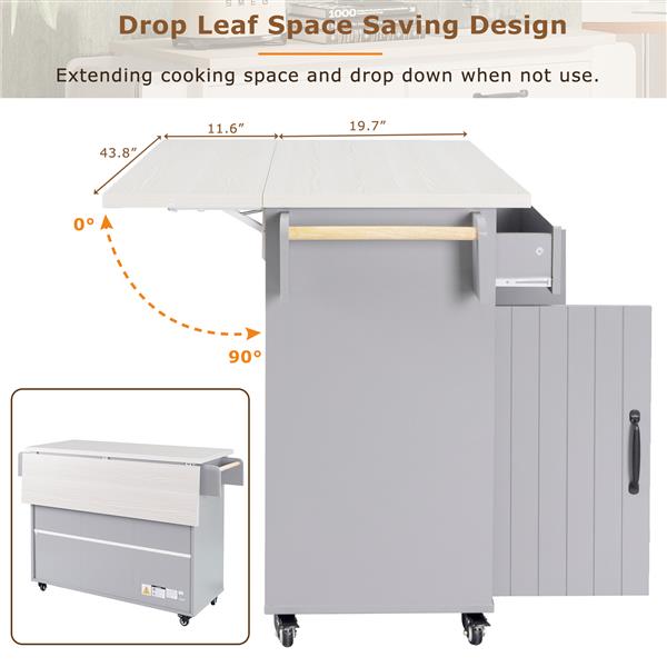 Kitchen Island with Trash Can Storage Cabinet, Kitchen Cart with Drop Leaf, Spice Rack, Towel Rack and Drawer, Rolling Kitchen Island on Wheels with Adjustable Shelf, Grey