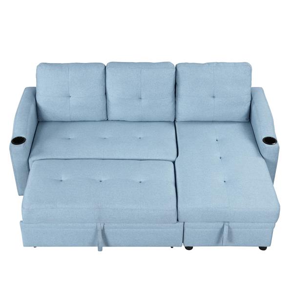 80.3". Pull Out Sofa Bed Modern Padded Upholstered Sofa Bed , Linen Fabric 3 Seater Couch with Storage Chaise and Cup Holder , Small Couch for Small Spaces