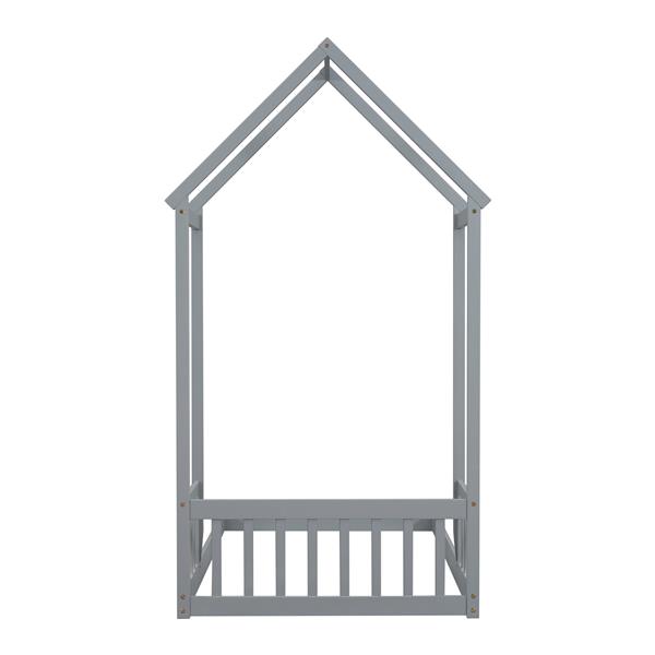 Twin House-shaped Roof Headboard Floor Bed,,(without slats),Grey