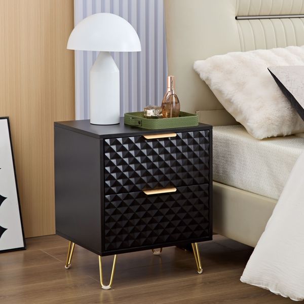 Black Nightstand,Luxury Carving Board 2-Drawer Night Stand Bed Side Table with Metal Legs, 20" Tall Wood Night for Bedroom, Living Room, Lounge (1 Pack) 