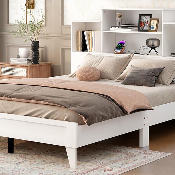 Queen Size Storage Platform Bed Frame with 4 Open Storage Shelves and USB Charging Design,White