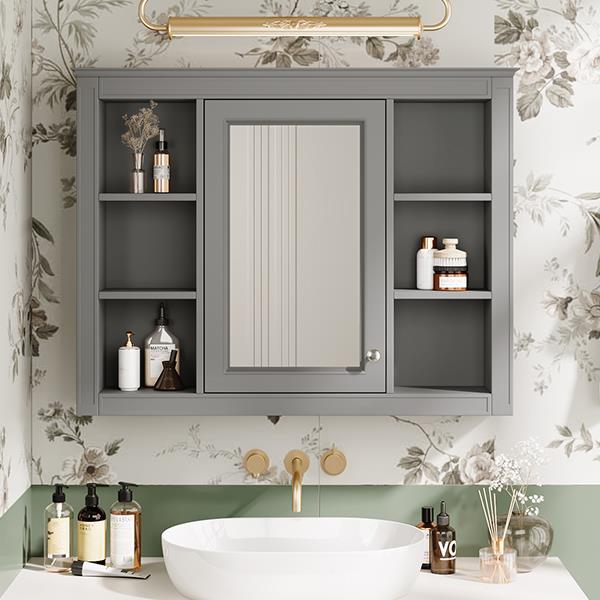 35'' x 27.5'' Medicine Cabinet, Wall Mounted Bathroom Storage Cabinet, Modern Bathroom Wall Cabinet with Mirror, Mirror Cabinet with 6 Open Shelves (Not Include Bathroom Vanity )