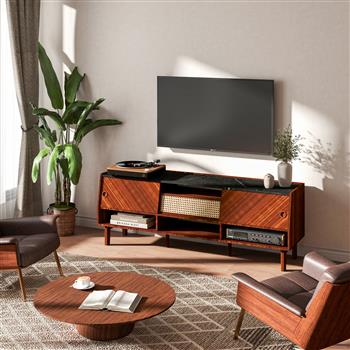 TV Stand for 75+ Inch TV, Mid Century Modern Entertainment Center with Rattan Drawer,Storage Shelves, Large Boho Media TV Console, 67 inch Long Television Stand for Living Room