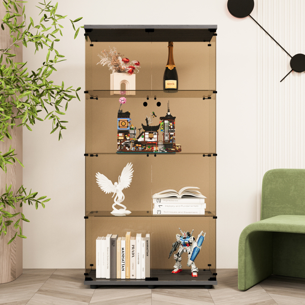 Two-door Tawny Glass Display Cabinet 4 Shelves with Door, Floor Standing Curio Bookshelf for Living Room Bedroom Office, 64.7"*31.7"*14.3",Black 