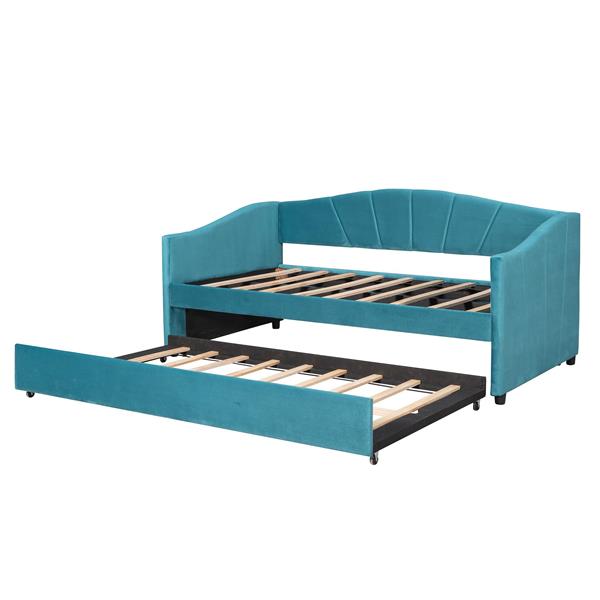 Upholstered Daybed Sofa Bed Twin Size With Trundle Bed and Wood Slat ,Blue