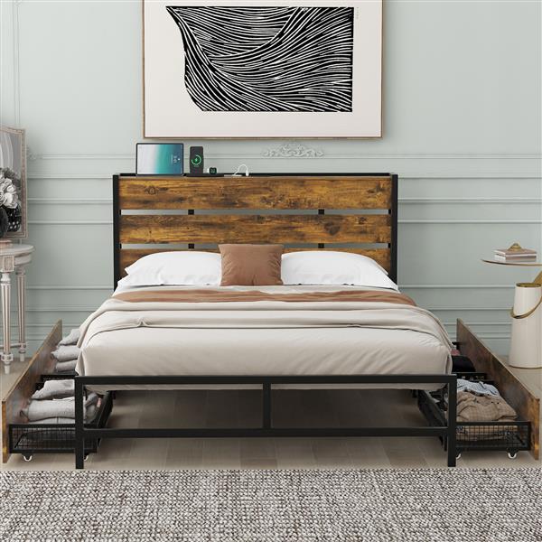 Metal Platform Bed With Four drawers, Sockets and USB Ports, Full, Black