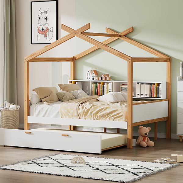 White Twin Size Wooden House Bed with Original Wood Colored Frame Twin Size Trundle and Bookshelf Storage Space for Children or Guest Room