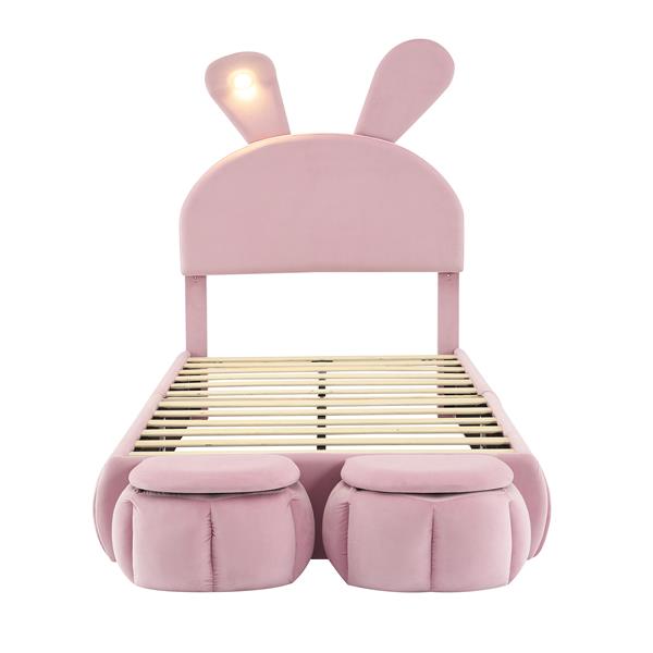 Twin Size Upholstered Platform Bed with Cartoon Ears Shaped Headboard and Light, Pink