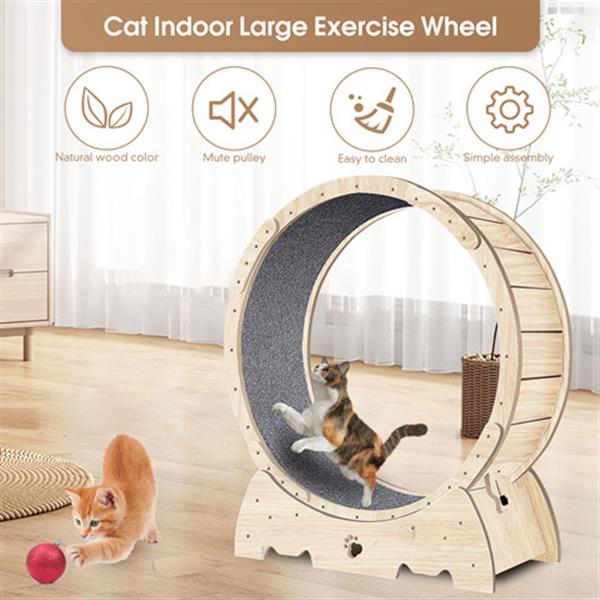 Cat Exercise Wheel for Indoor Cats, Cat Running Wheel with Carpeted Runway, Cat Sport Treadmill Wheel for Kitty's Longer Life, Fitness Weight Loss Device, 37" Natural Wood Color