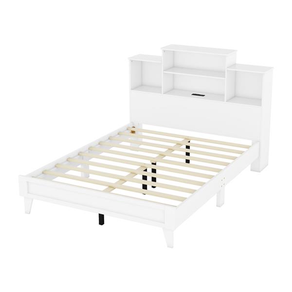 Queen Size Storage Platform Bed Frame with 4 Open Storage Shelves and USB Charging Design,White