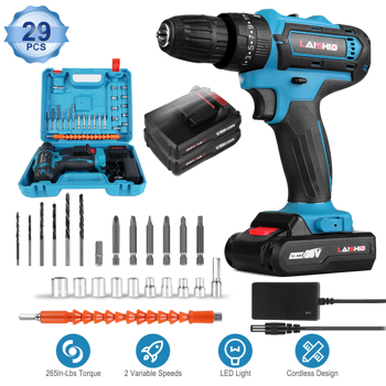 Cordless Drill Set With 2Pcs 28V Batteries and Charger 2 Variable Speeds 3/8In Keyless Chuck 265ln-lbs 25+3 Torque Positions Included 24Pcs Drill Bits For Home Car Repair Handmade